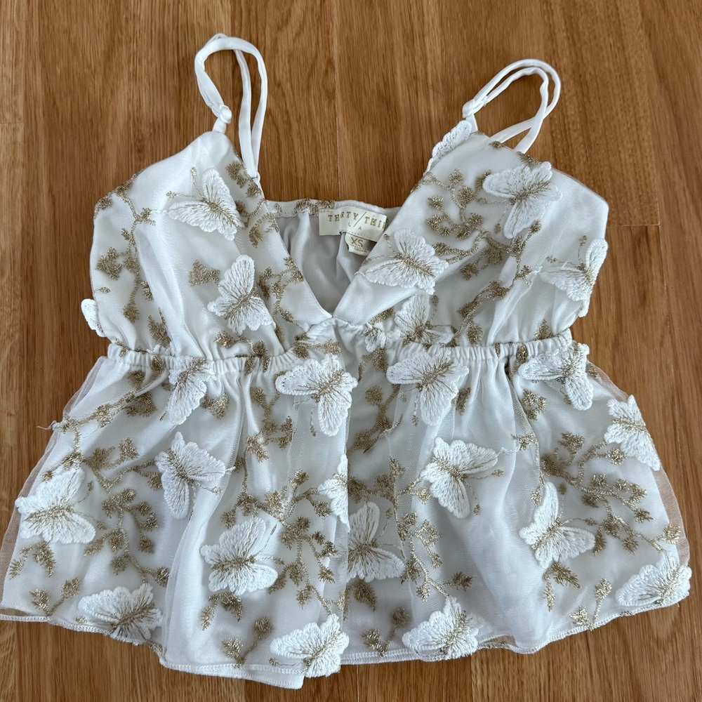 EUC Women’s Thirty Thirty LA Sheer Mesh Camisole - White/Gold 3D Butterfly - XS